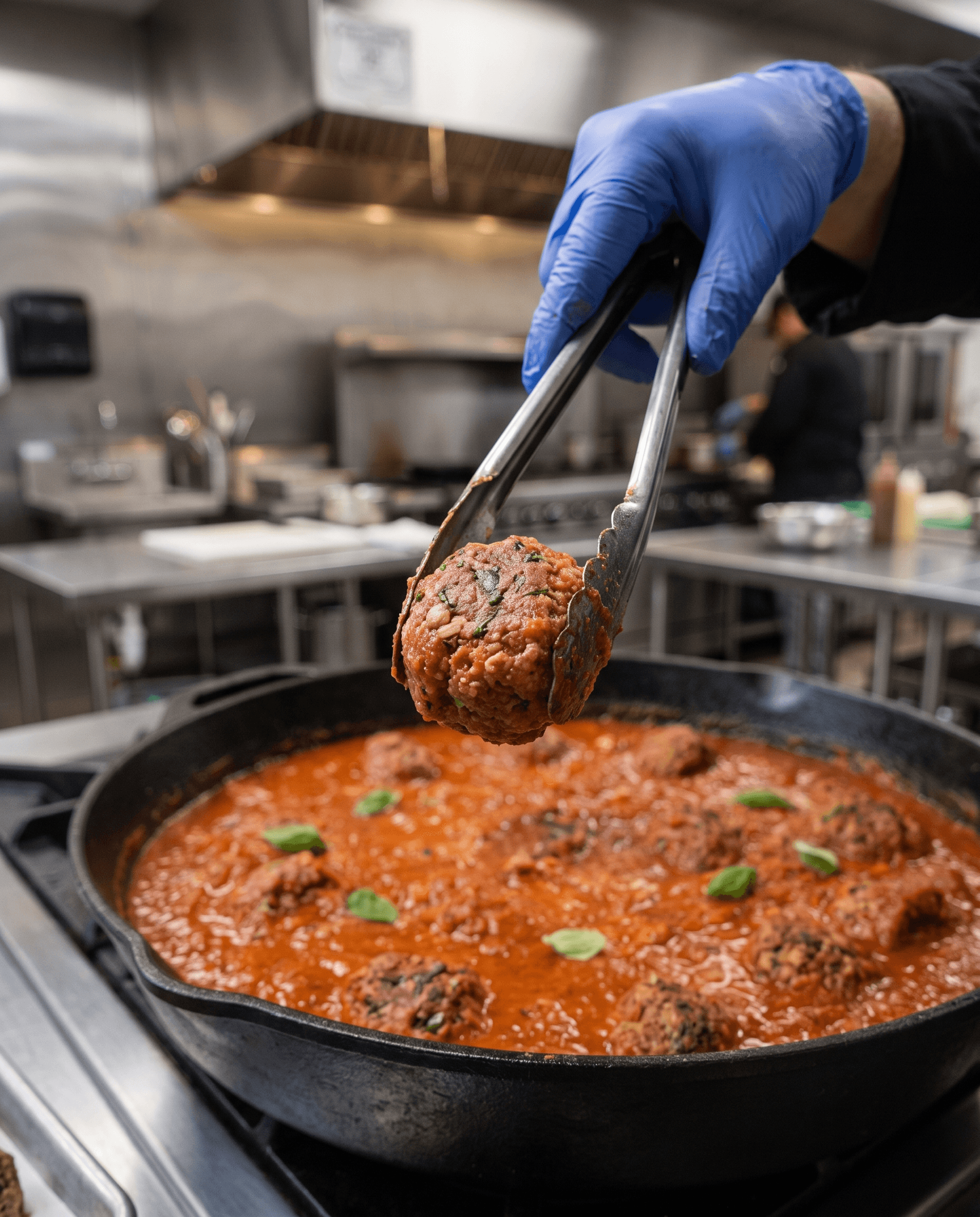 A gloved hand using tongs to lift a meatball from a cast-iron skillet of simmering tomato sauce dotted with basil leaves and more meatballs, on a professional kitchen stovetop.