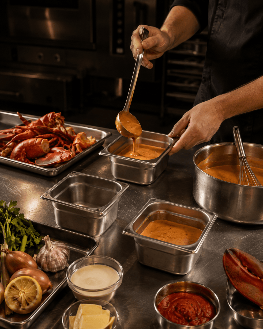 Hands ladling shellfish bisque into stainless gastronorm pans on a prep counter, with cooked lobster on a tray, a whisk in a pan of the sauce, and celery, onion, garlic and lemon at the front.