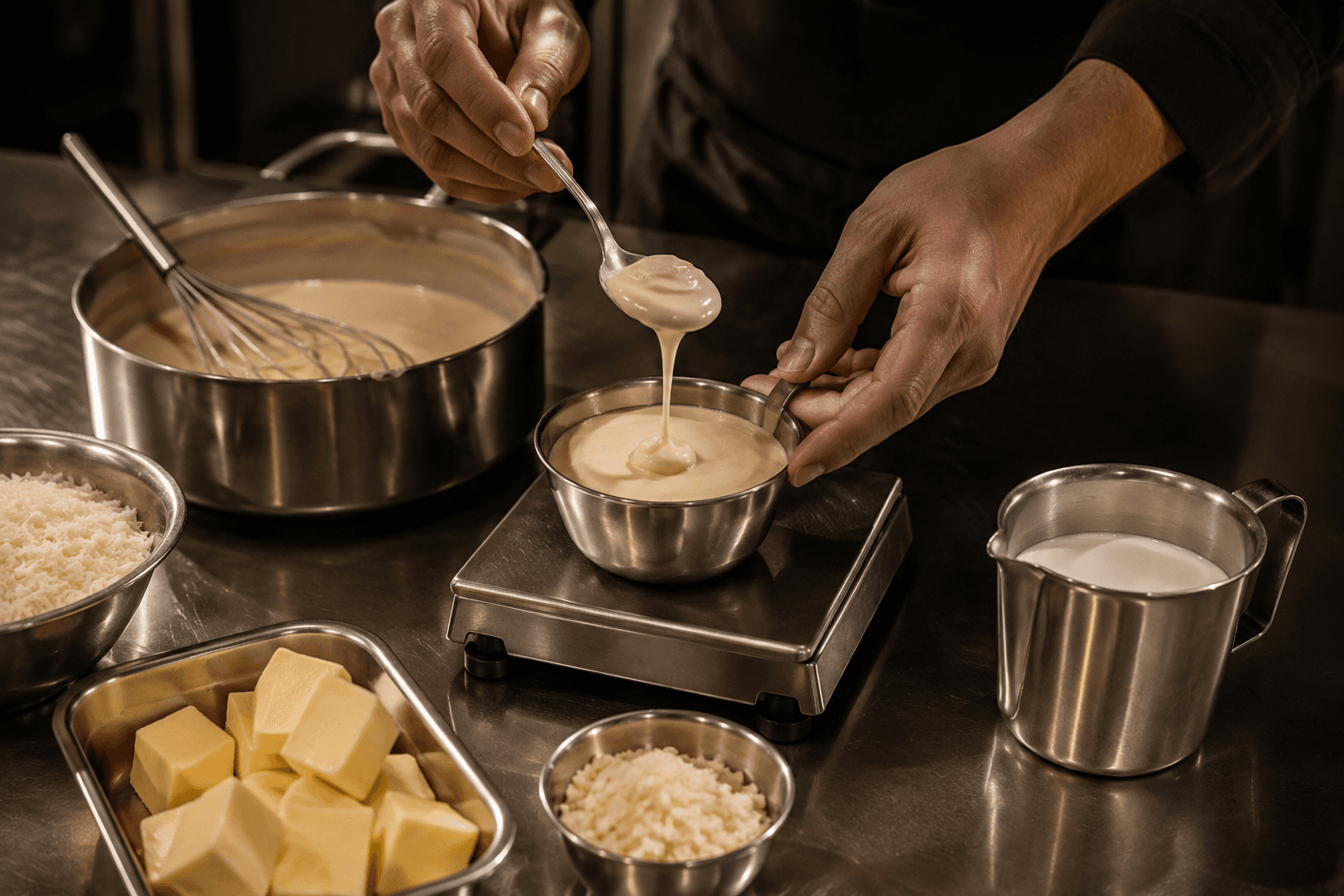 Hands lifting a spoonful of pale cream sauce that ribbons back into a stainless bowl resting on a kitchen scale, with a whisk in a pan of the same sauce, cubed butter and a jug of cream alongside.