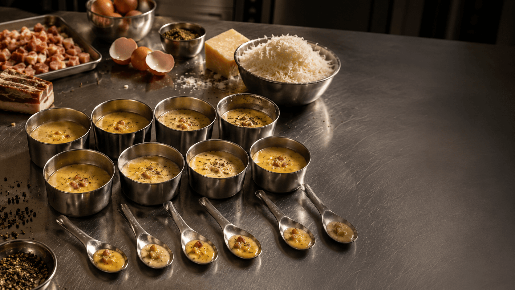 Eight small stainless bowls of carbonara sauce lined up on a steel prep counter, each with a tasting spoon in front of it, beside diced guanciale, cracked pepper, eggs and a bowl of grated cheese.