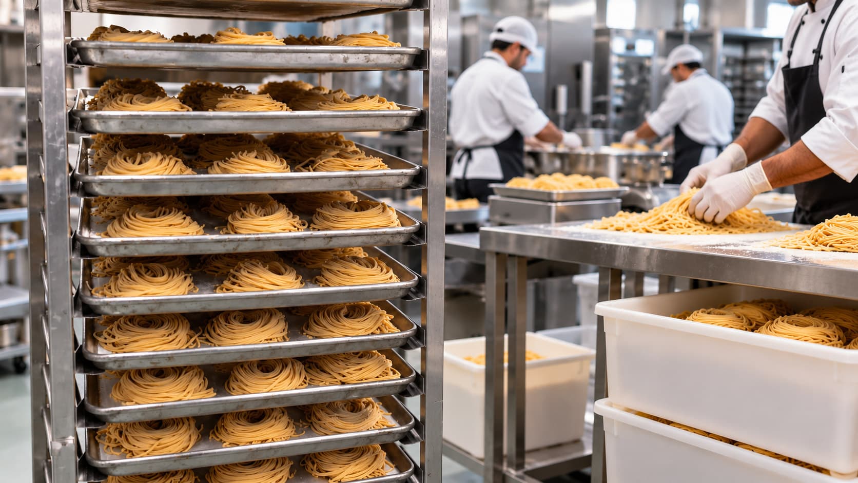 A rolling rack of stainless trays holding coiled nests of fresh spaghetti in Spaghetto's production kitchen, with a gloved worker portioning more pasta on a stainless table in the background.