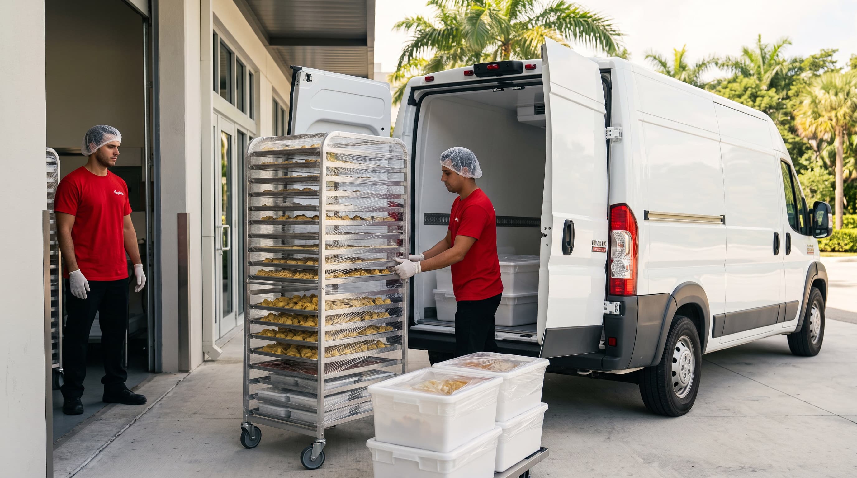 Two Spaghetto workers load wrapped trays and containers from a rolling cart into the open rear doors of a refrigerated delivery van outside a production facility, palm trees visible beyond.