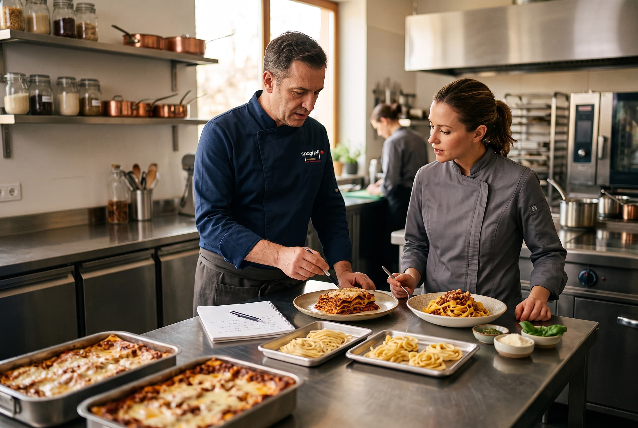 Two chefs at a steel prep counter in a professional kitchen, one wearing a Spaghetto-branded jacket, reviewing a plated lasagna and a bowl of tagliatelle bolognese, with trays of baked lasagna and fresh pasta nests in the foreground and a third team member working behind them.